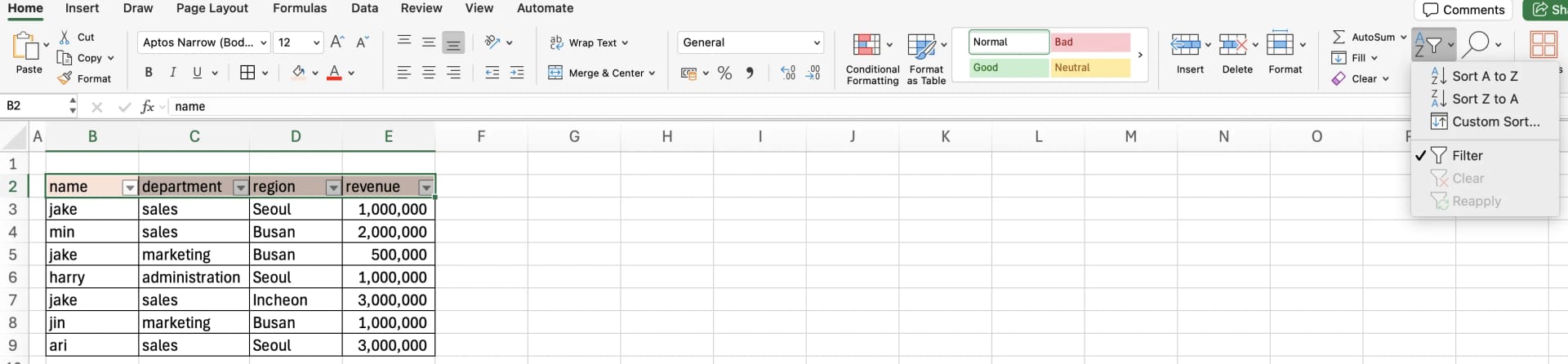 Excel Home ribbon showing Sort and Filter options with Clear and Reapply buttons