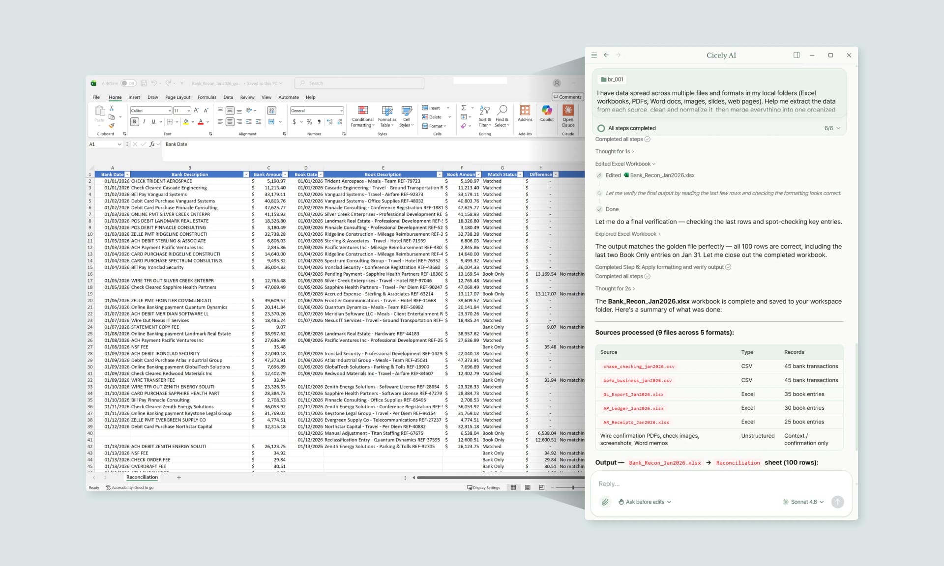 inline AI desktop app filtering and reconciling data alongside an Excel workbook