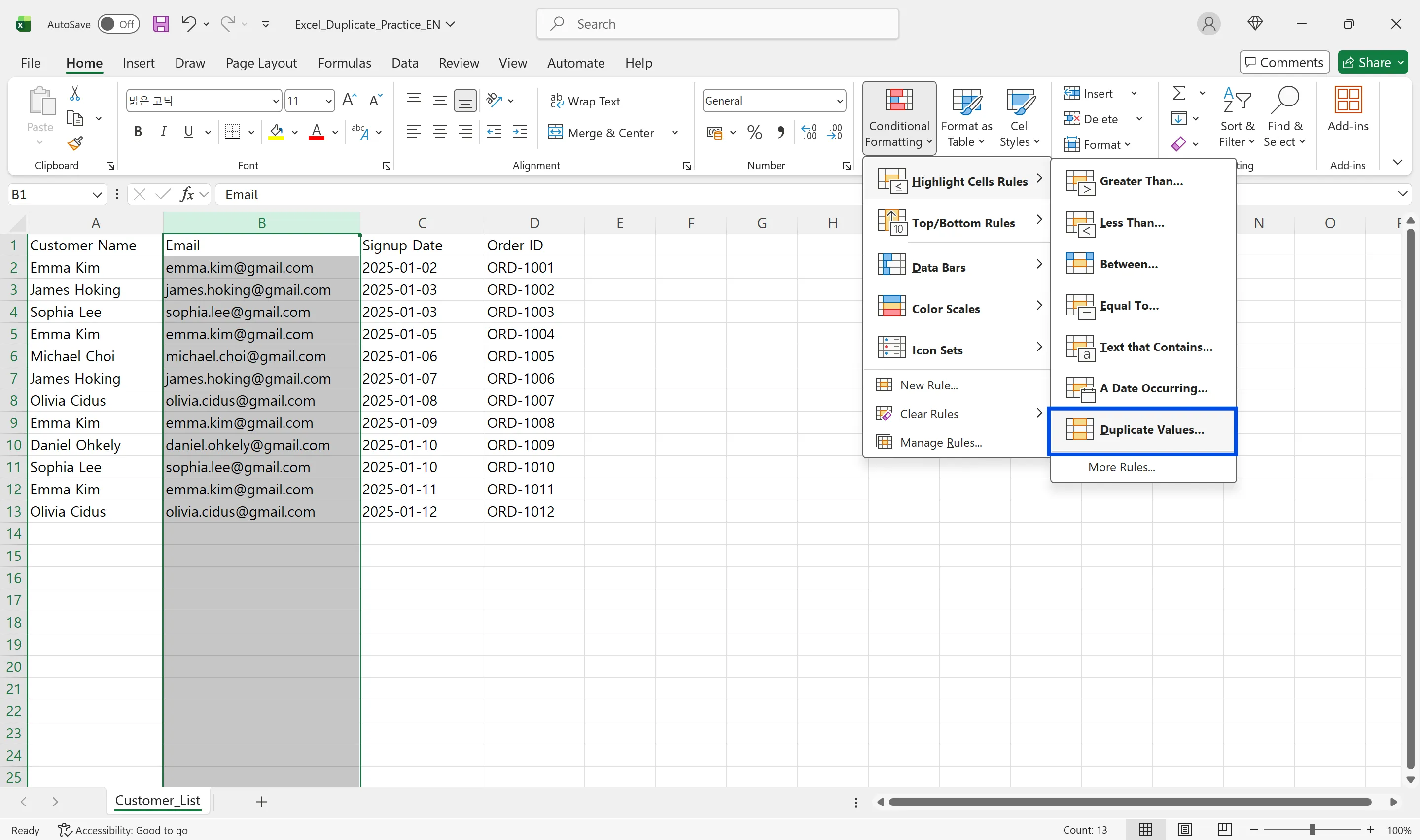 Conditional Formatting menu showing Highlight Cells Rules and Duplicate Values option in Excel