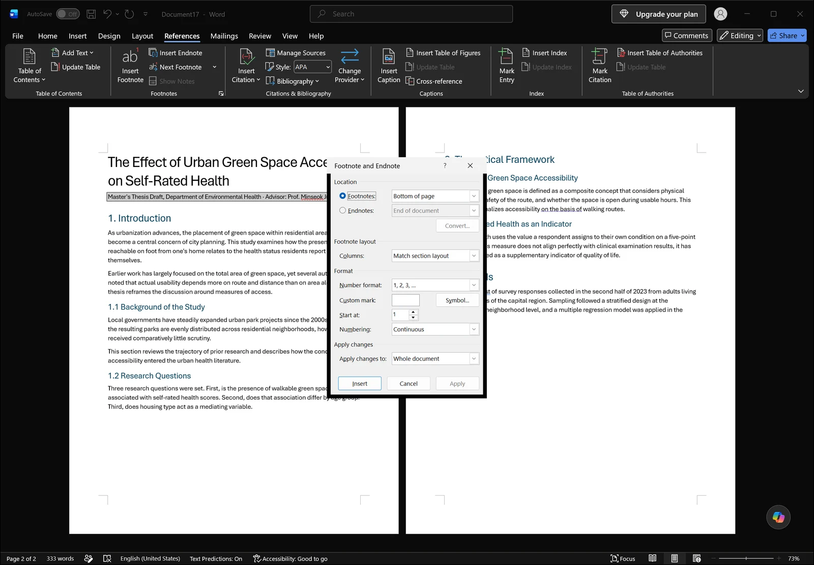 Word Footnote and Endnote dialog box open showing location, number format, start at and numbering restart options