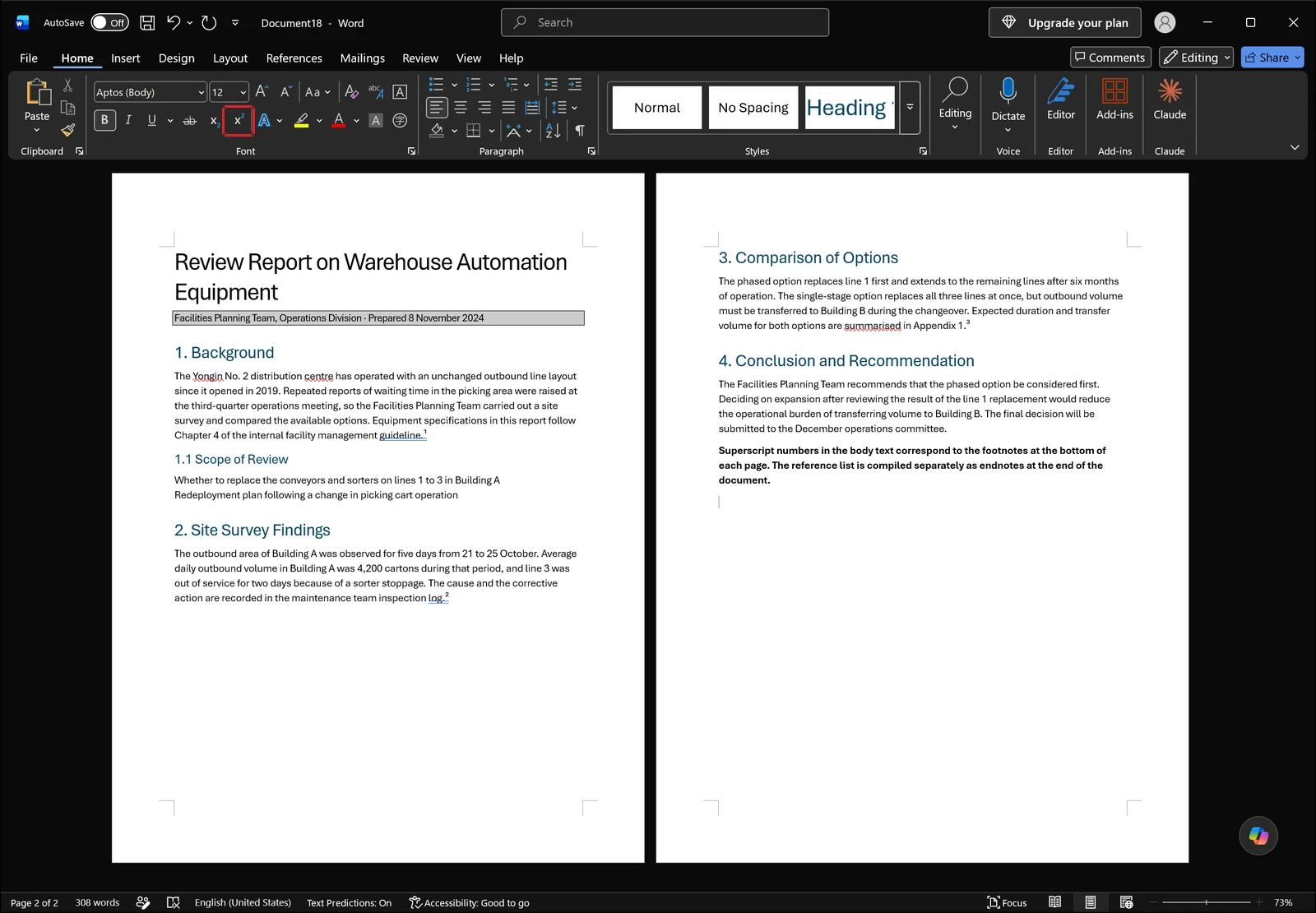 Red box on the Superscript button in the Font group of Word's Home tab with a report document containing footnote numbers below