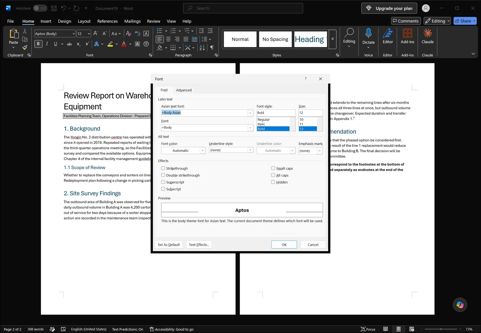 Word Font dialog box open showing font, style and size lists with effect check boxes and a preview area