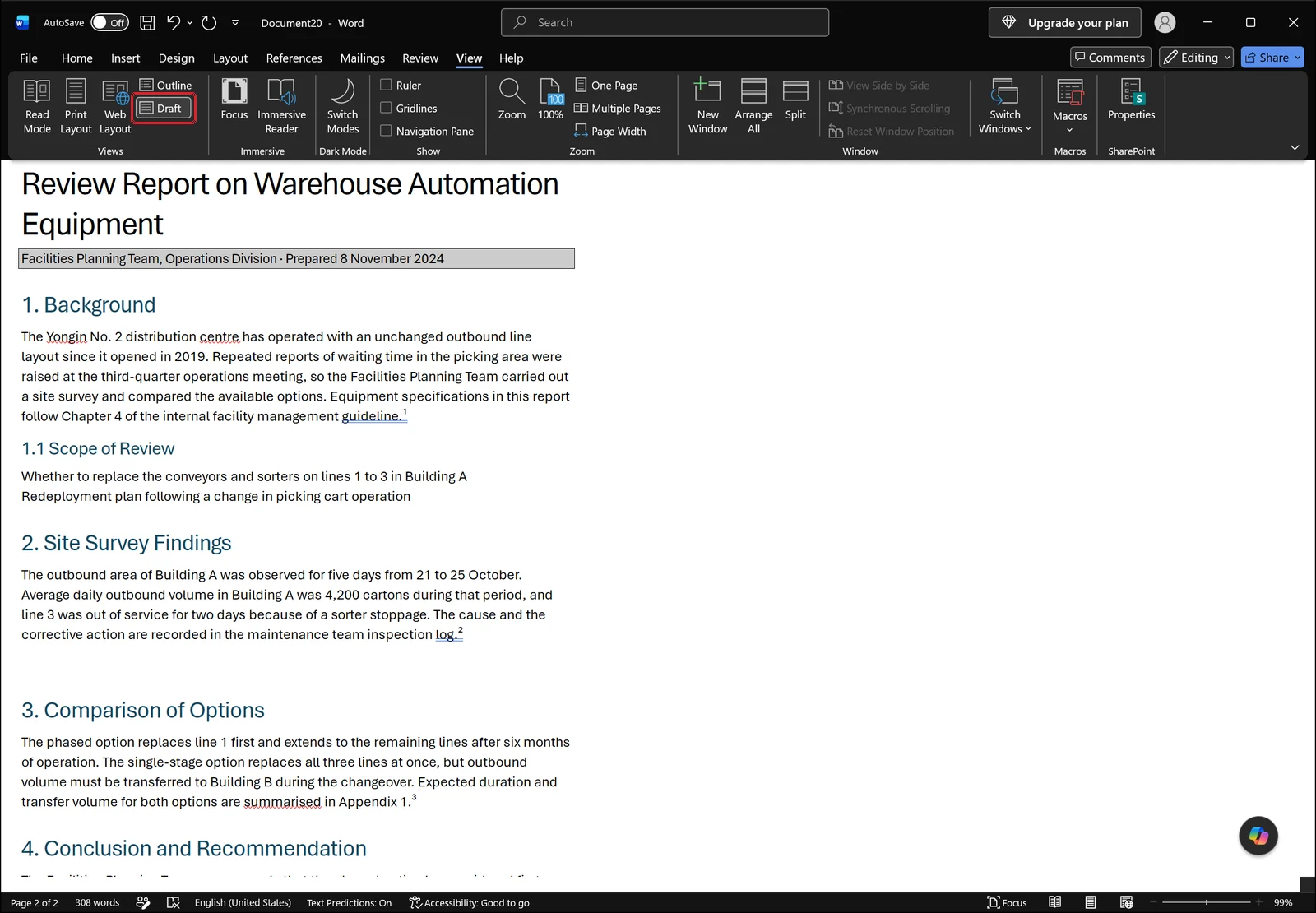 Word switched to Draft view with continuous text and a red box on the Draft button in the View tab