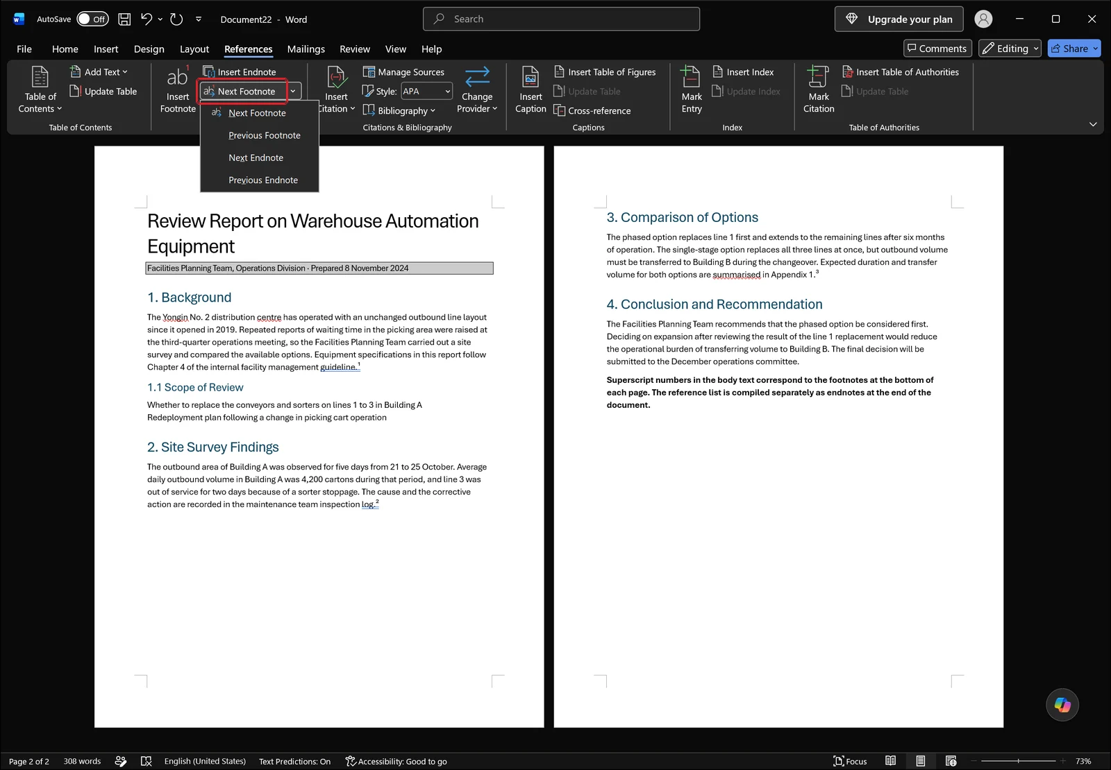 Word References tab with the Next Footnote dropdown open showing next and previous footnote and endnote commands