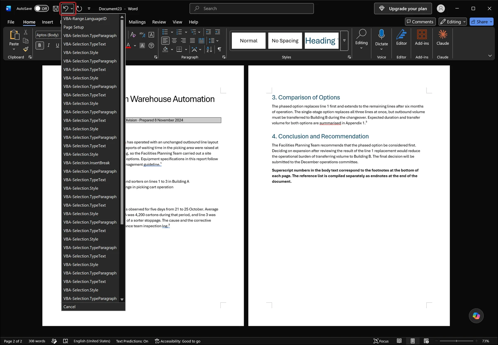 Word Undo dropdown open on the quick access toolbar listing recent editing steps, with a red box around the undo arrow and its dropdown chevron