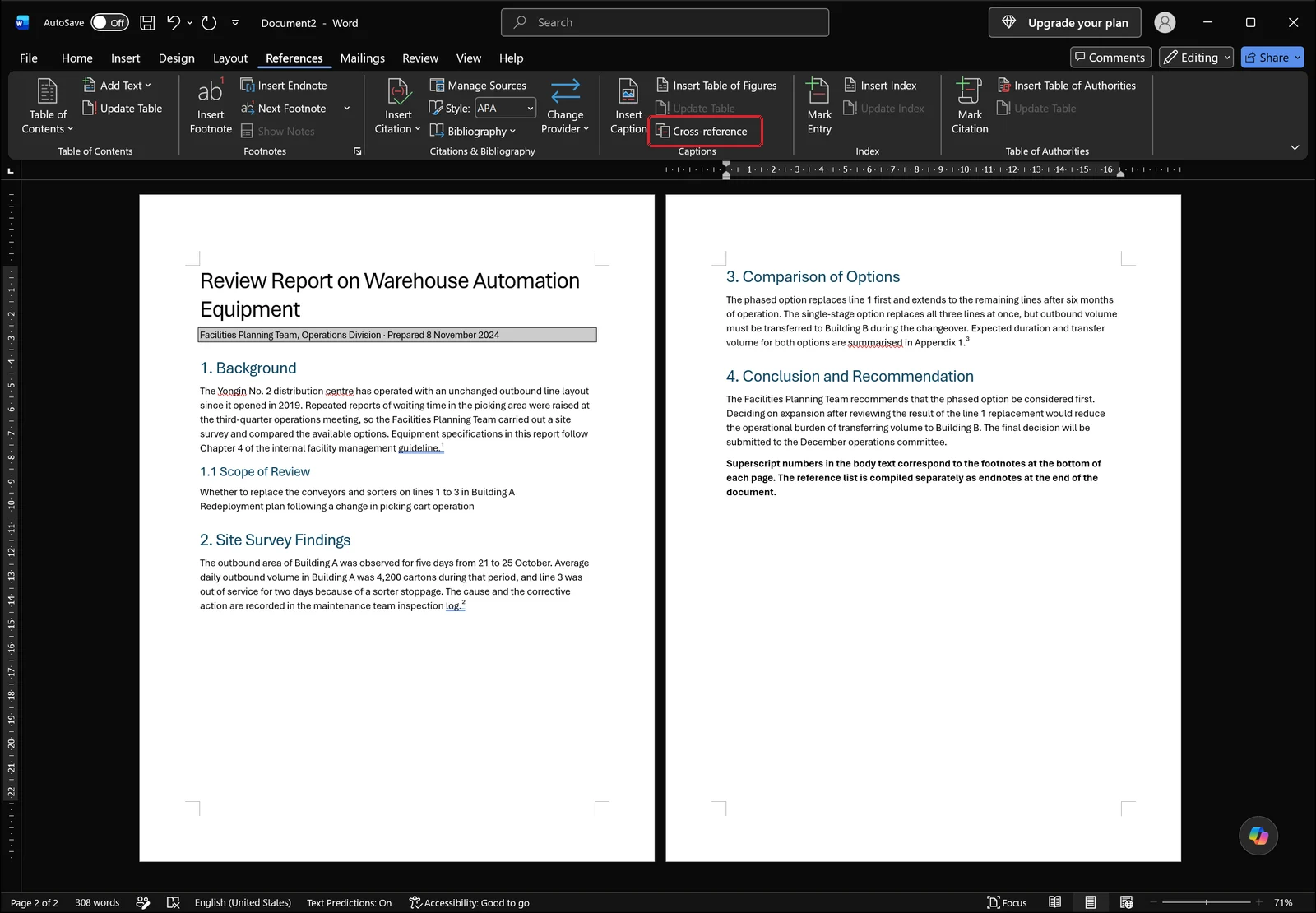 Red box on the Cross-reference command in Word's References tab with a report document containing footnotes below