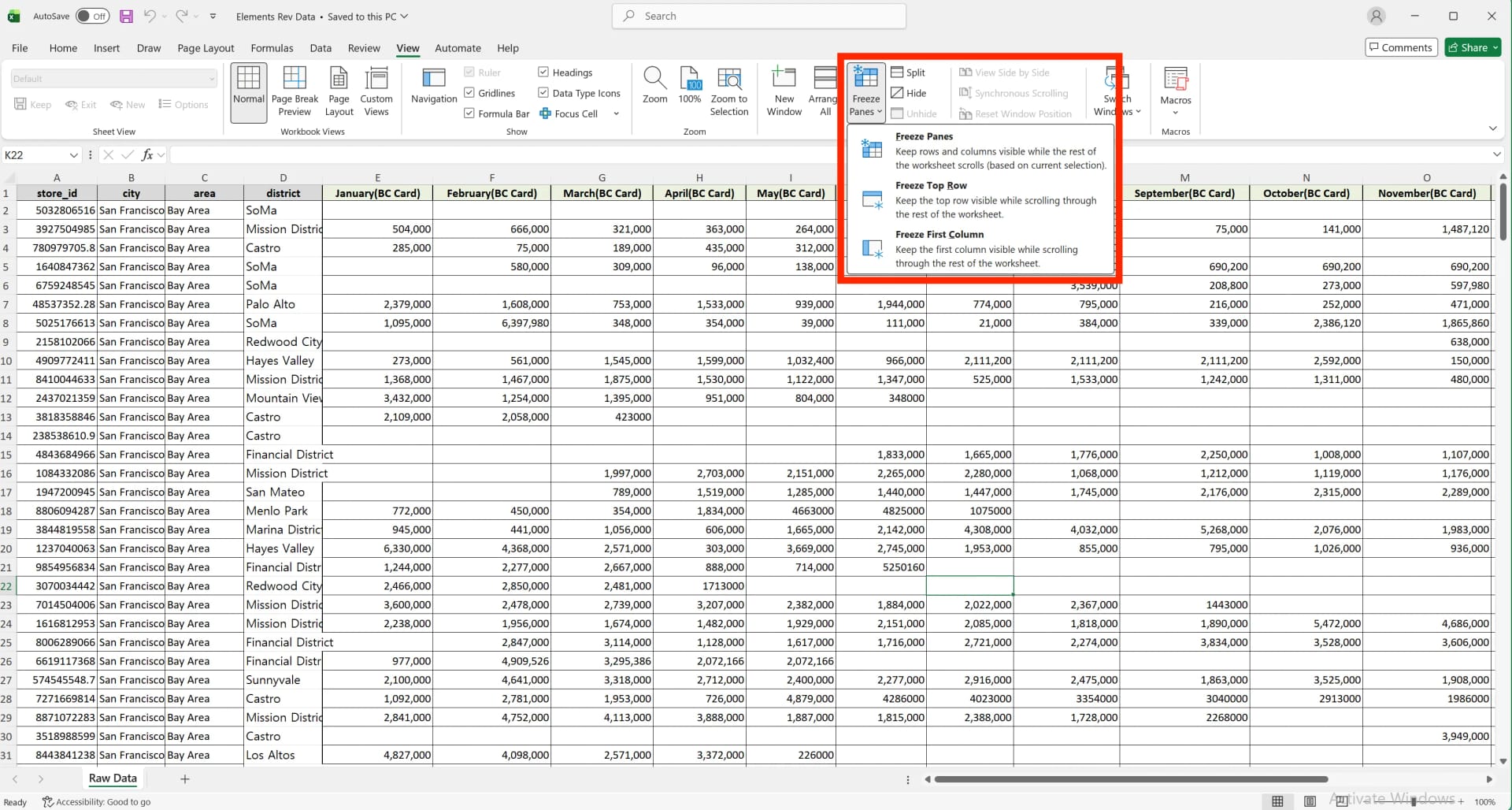 Excel View tab with Freeze Panes dropdown showing Freeze Top Row option