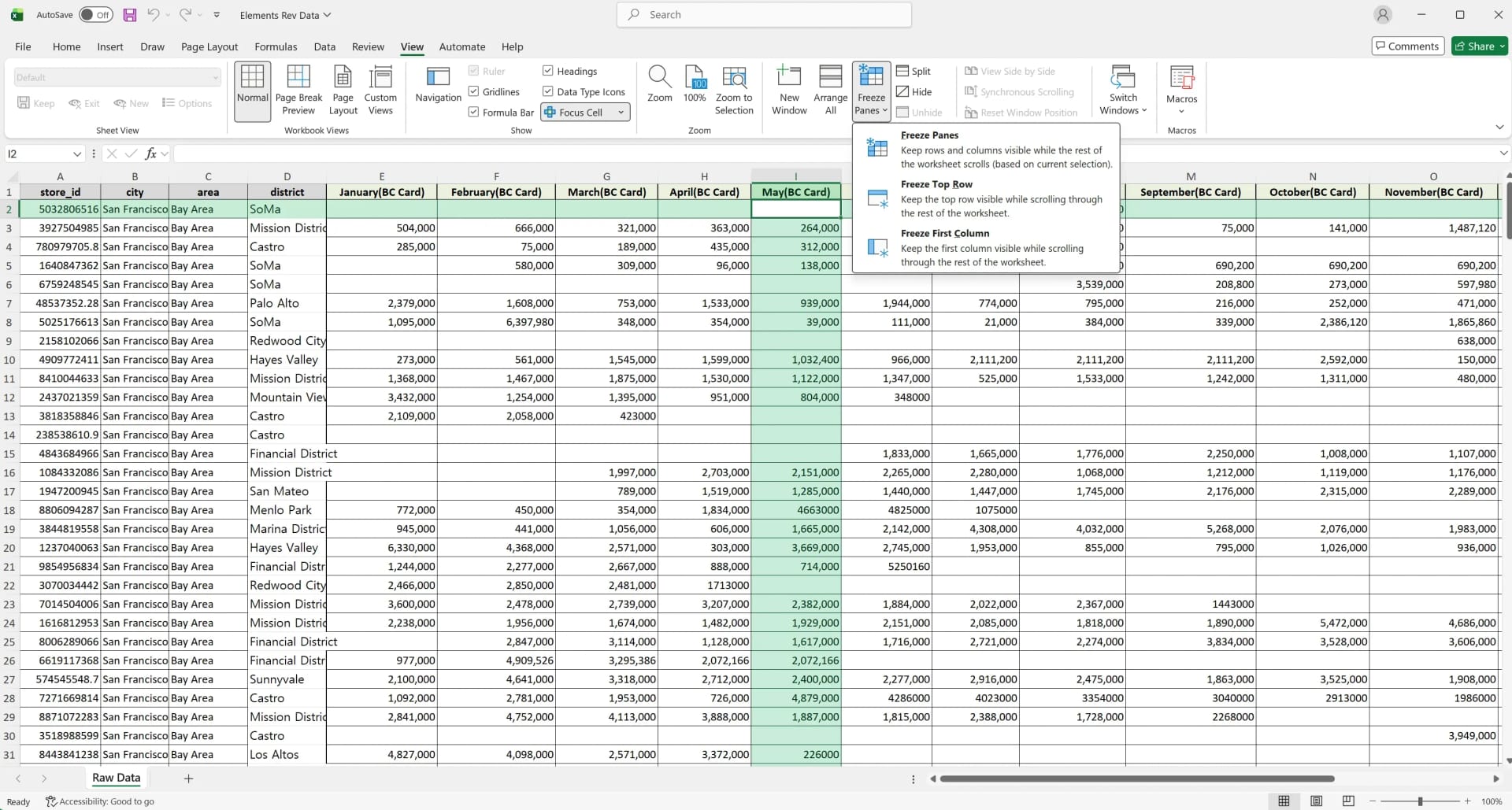 Selecting cell I2 to freeze both the header row and first column using Freeze Panes