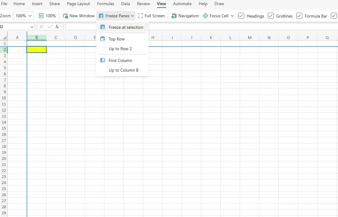 Scrolled spreadsheet with frozen header row still visible and gray freeze lines shown