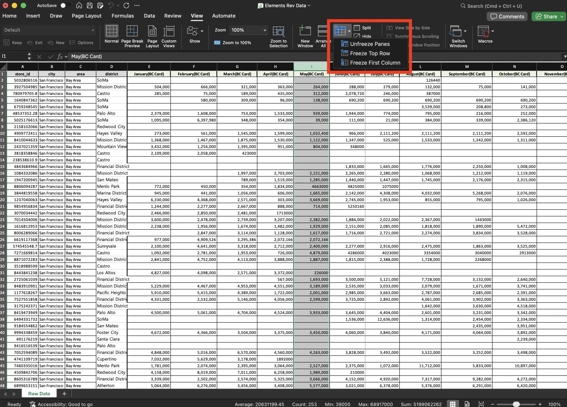 Mac Excel View tab showing Freeze Panes dropdown with Freeze Top Row and Freeze First Column