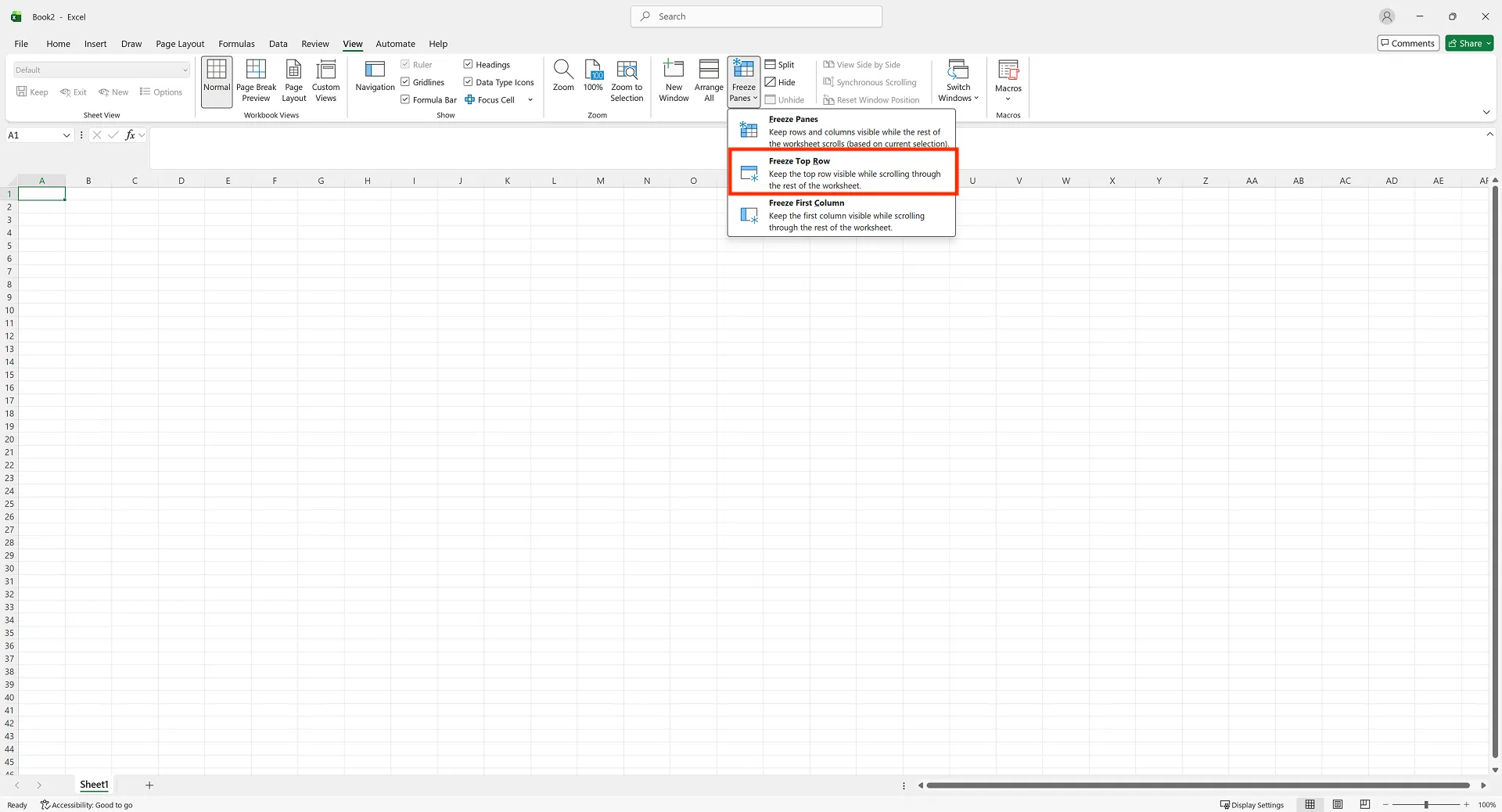 엑셀 첫 행 고정 방법