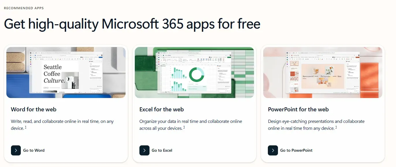 Microsoft 365 웹용 무료 버전 안내 화면