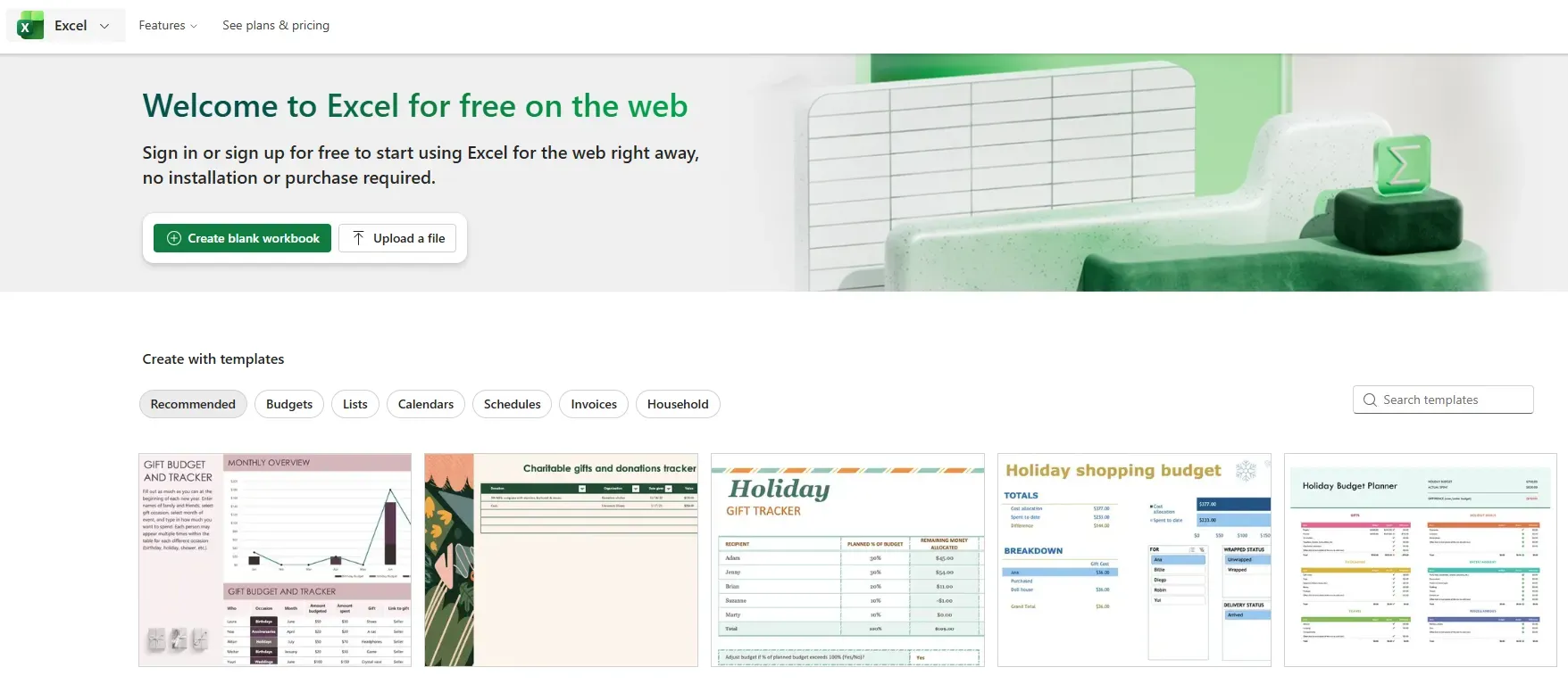 Excel for the web welcome page with Create blank workbook and template options