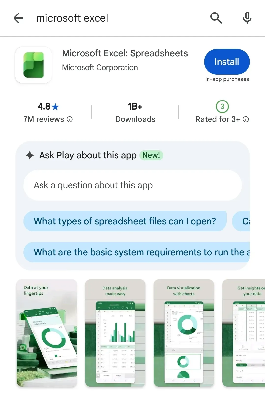 Google Play Store listing for Microsoft Excel mobile app with 4.8 star rating