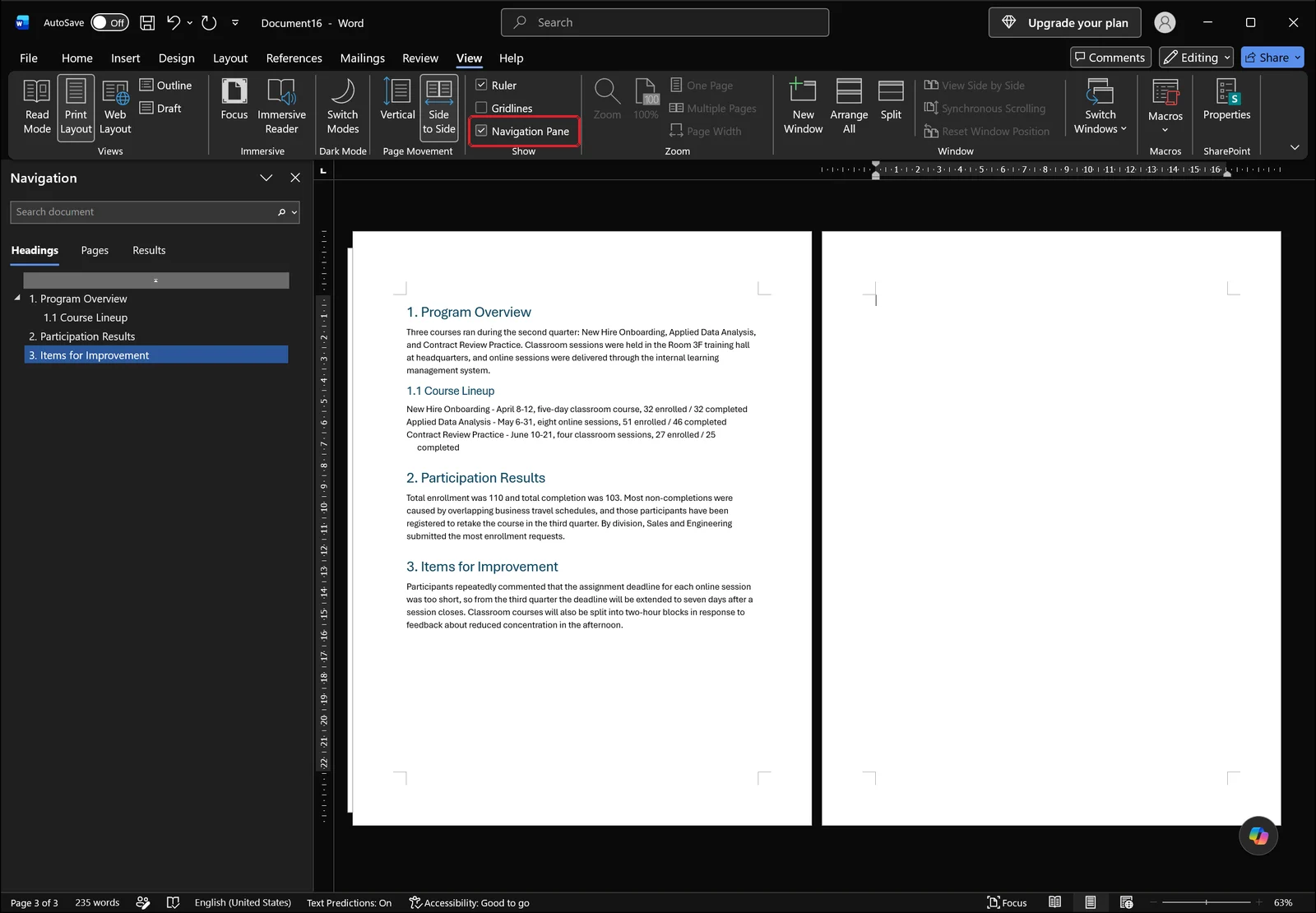 Word View tab with the Navigation pane open on the left listing the report headings