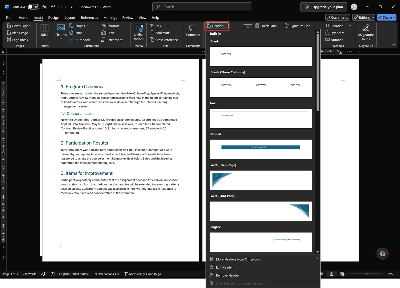 Word Insert tab with the Header gallery dropdown open showing built-in headers and the edit/remove header commands