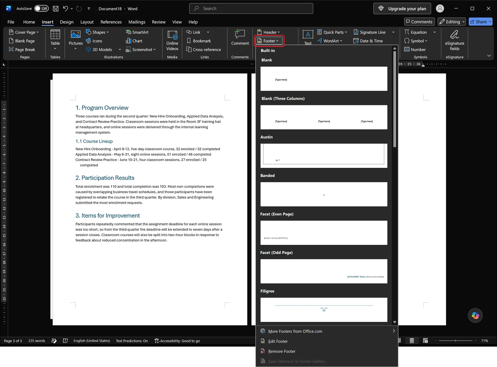 Word Insert tab with the Footer gallery dropdown open showing built-in footers such as Blank, Austin and Banded, plus the Edit Footer and Remove Footer commands