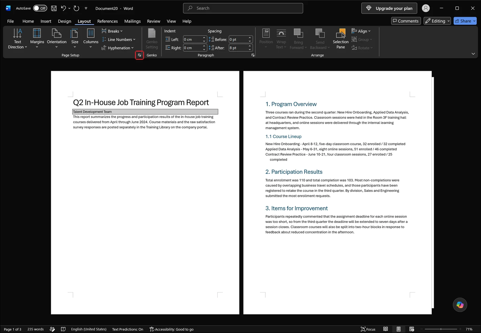 Word Layout tab with a red box on the Page Setup dialog launcher in the Page Setup group