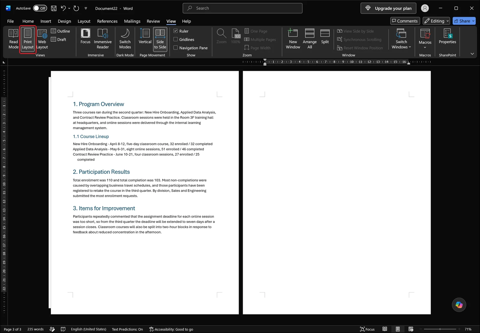 Word View tab with a red box around the Print Layout button in the Views group, next to Read Mode, Web Layout, Outline and Draft