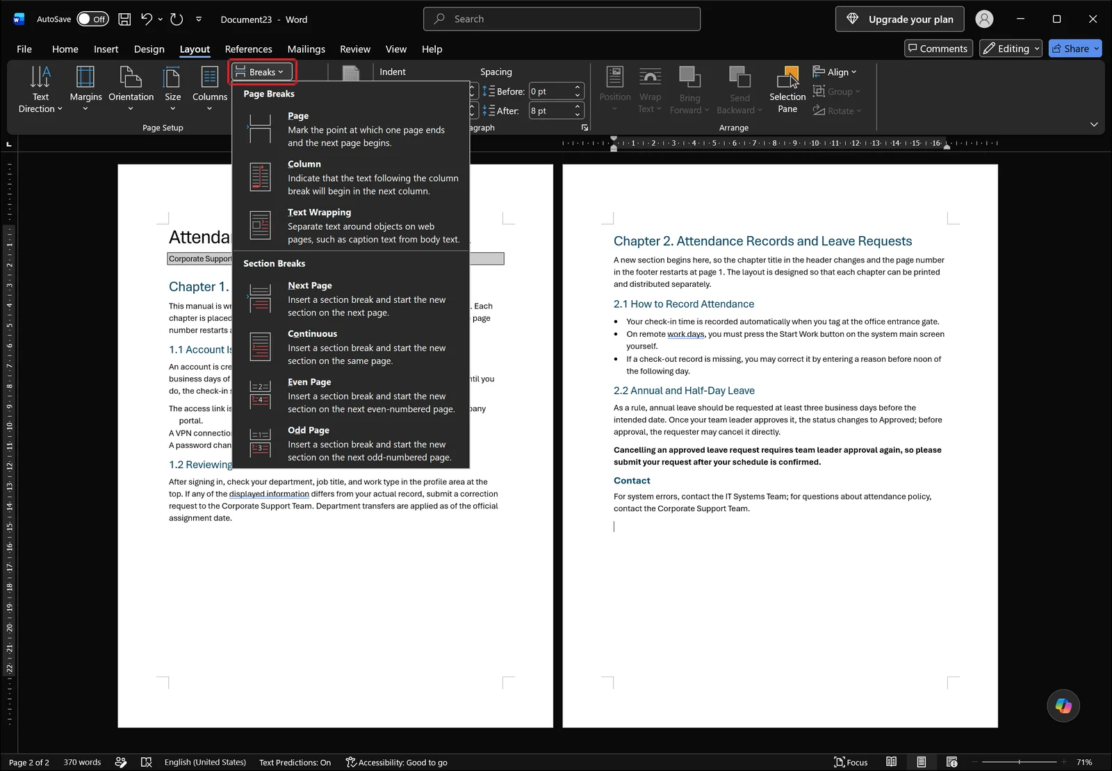 Word Layout tab with the Breaks dropdown open showing page breaks and section breaks including Next Page