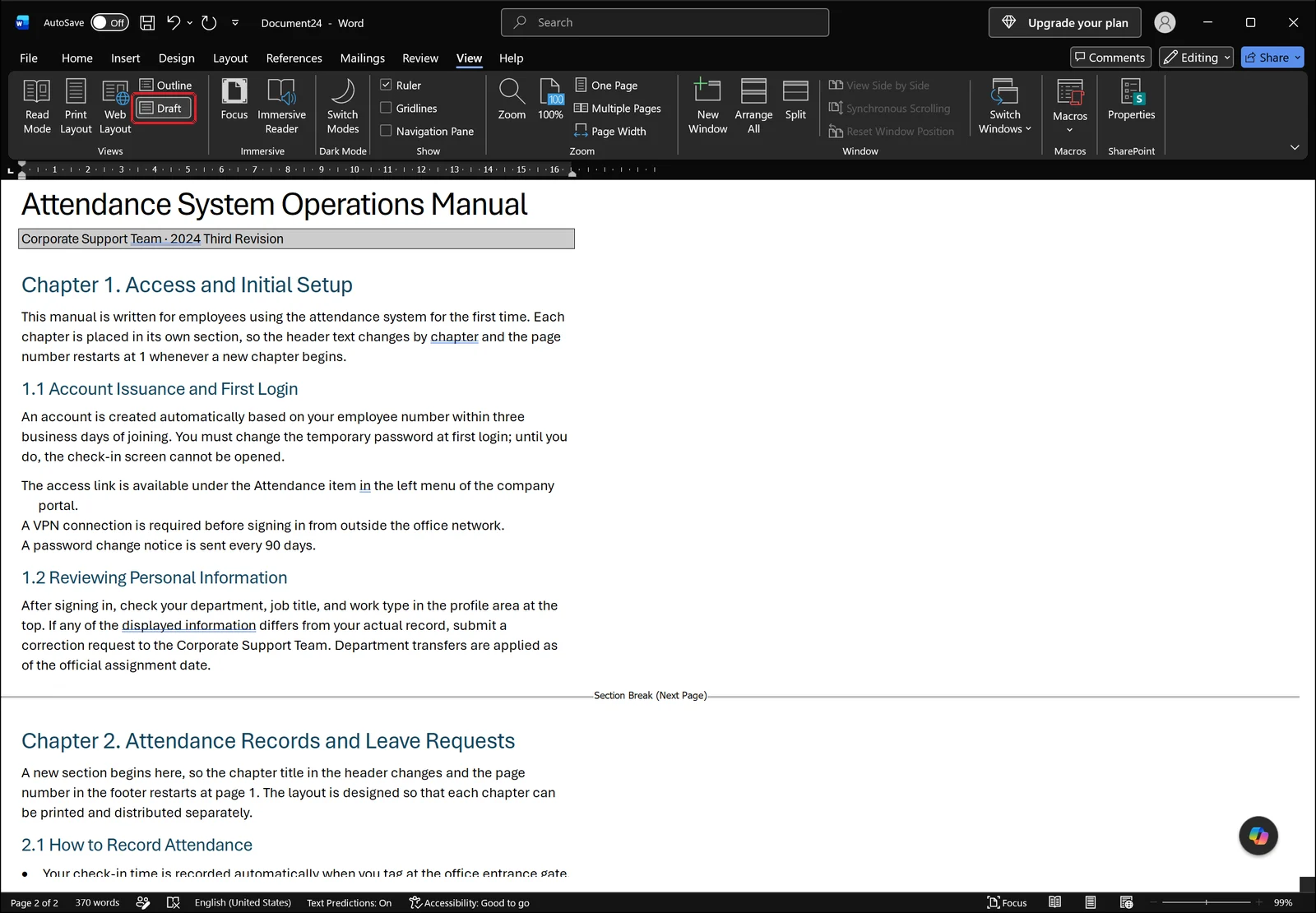 Word Draft view showing labeled dotted section break markers across the continuous text