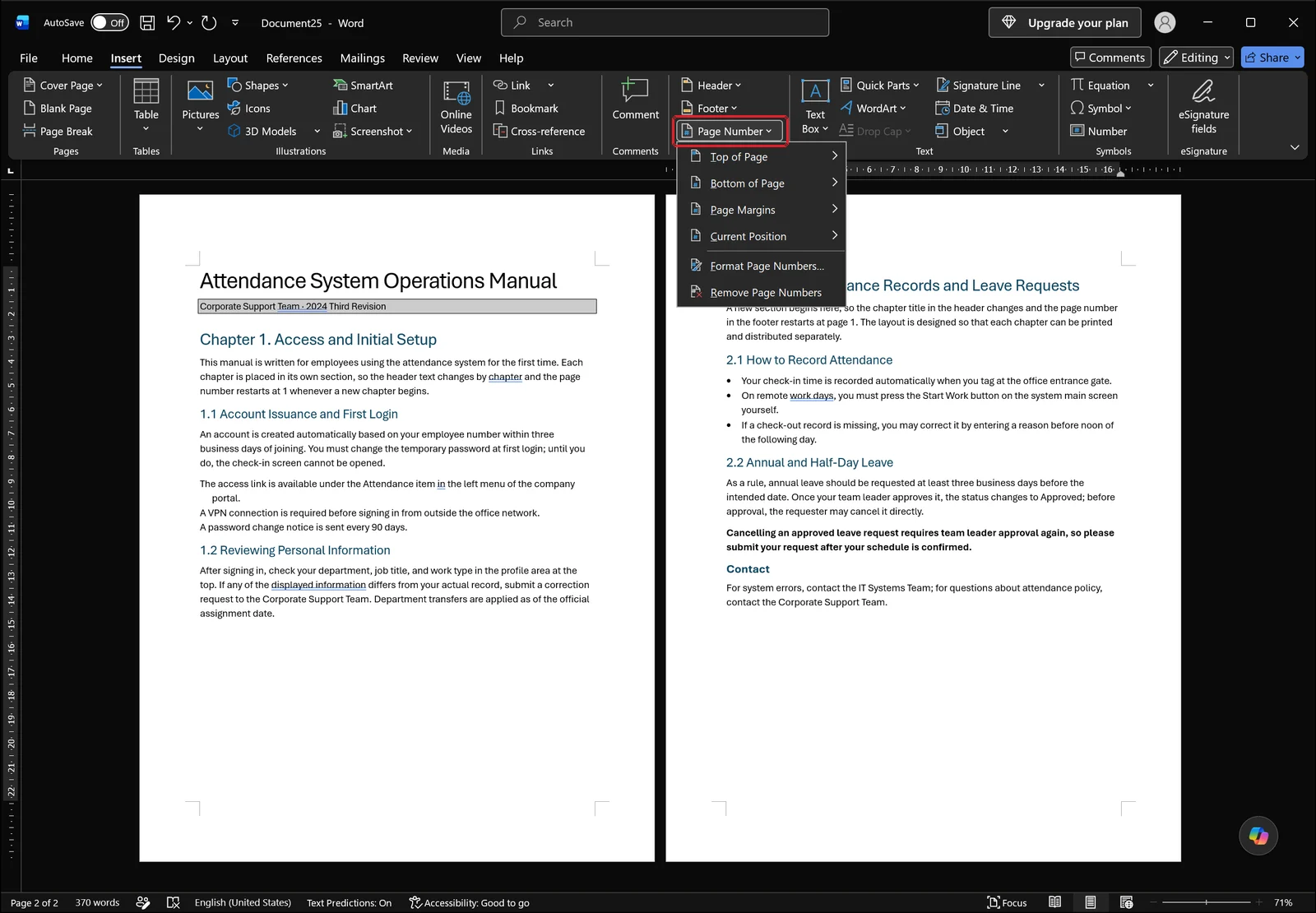 Word Insert tab with the Page Number menu open showing position options and the format page numbers command