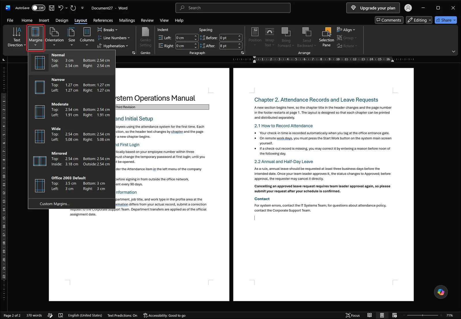 Word Layout tab with the Margins gallery open showing preset margin sets and the custom margins command