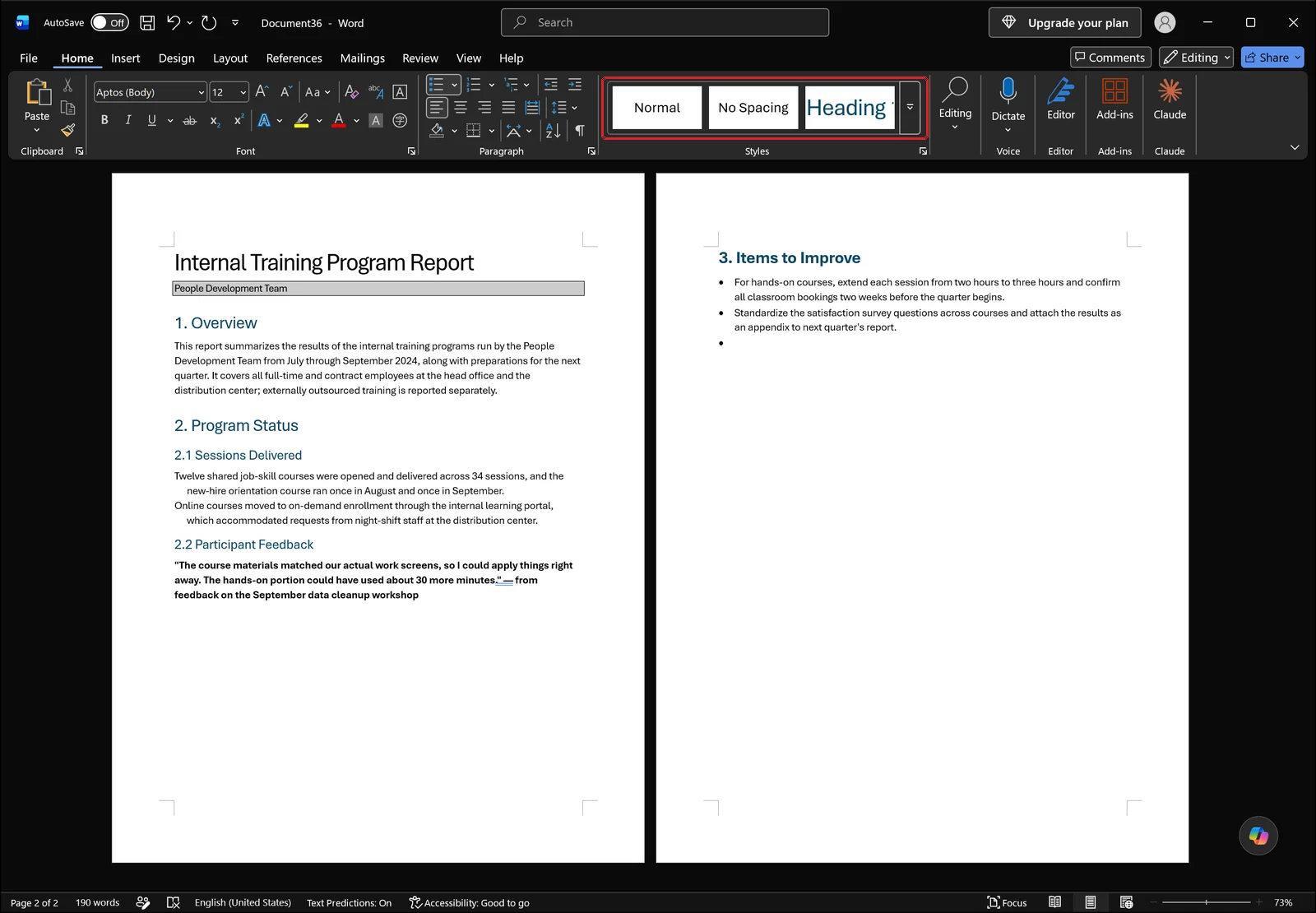 Word window showing a report with Heading 1 and Heading 2 styles applied, headings in consistent size and color, red box on the Styles gallery