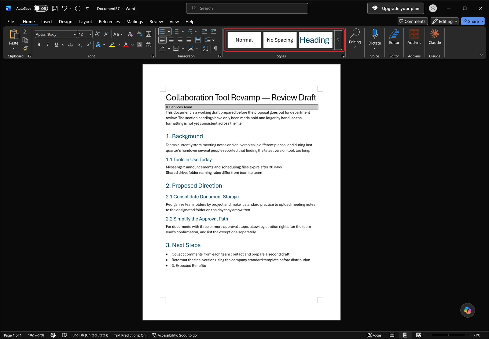 Word window after typing a new heading line at the cursor, the line still in plain body formatting, with a red box on the Styles gallery