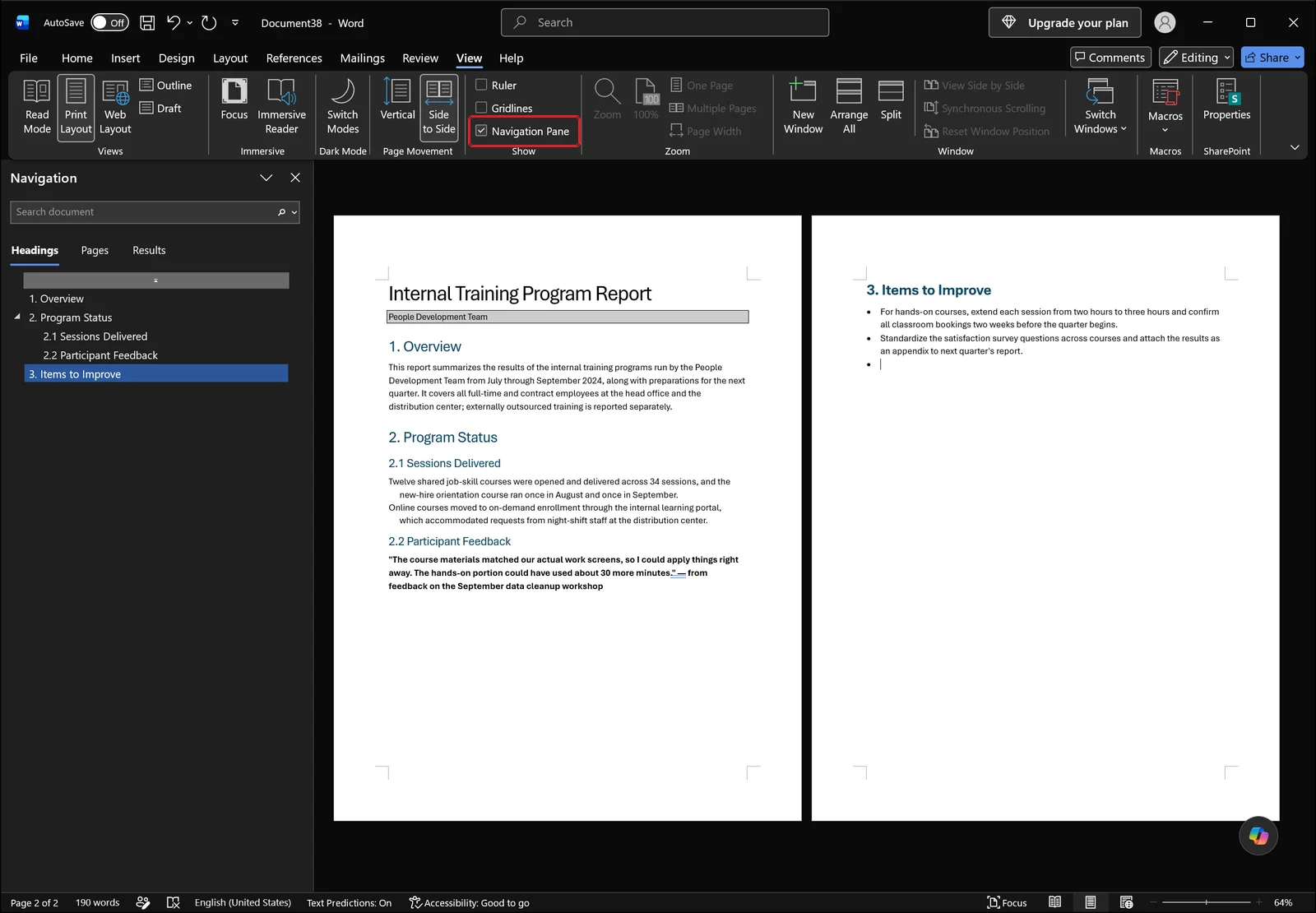 Word window with the Navigation pane open on the left listing document headings in a hierarchy, red box on the Navigation Pane checkbox on the View tab