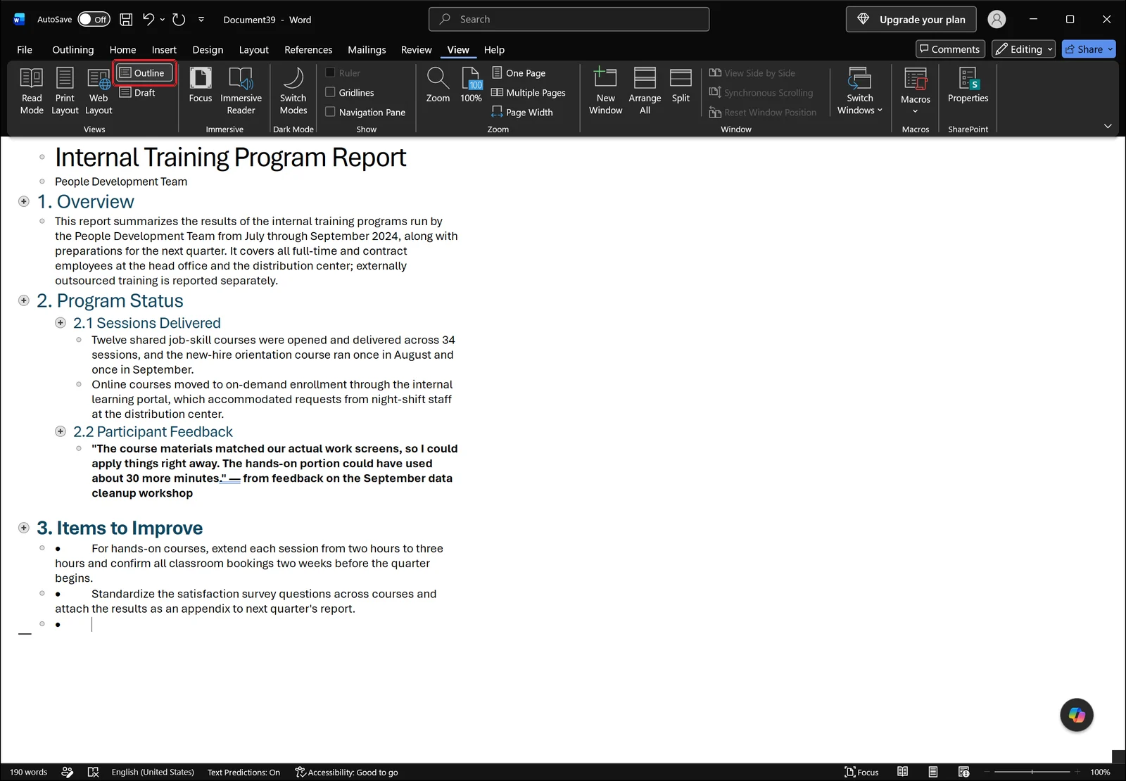 Word in Outline view showing level 1 and level 2 headings indented by outline level, red box on the Outline View button