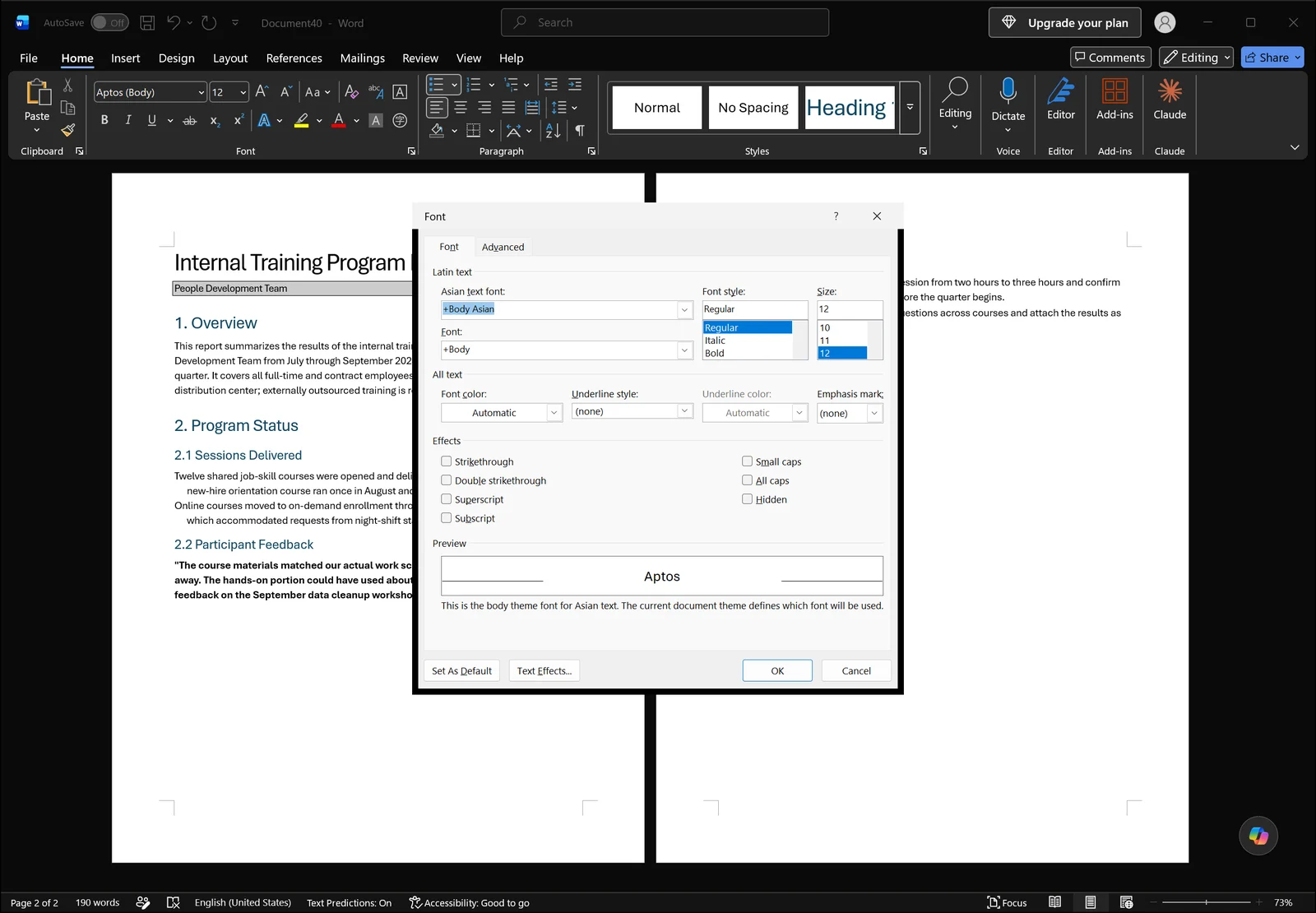 Word Font dialog open over the document showing font, style, size and color options with a preview area