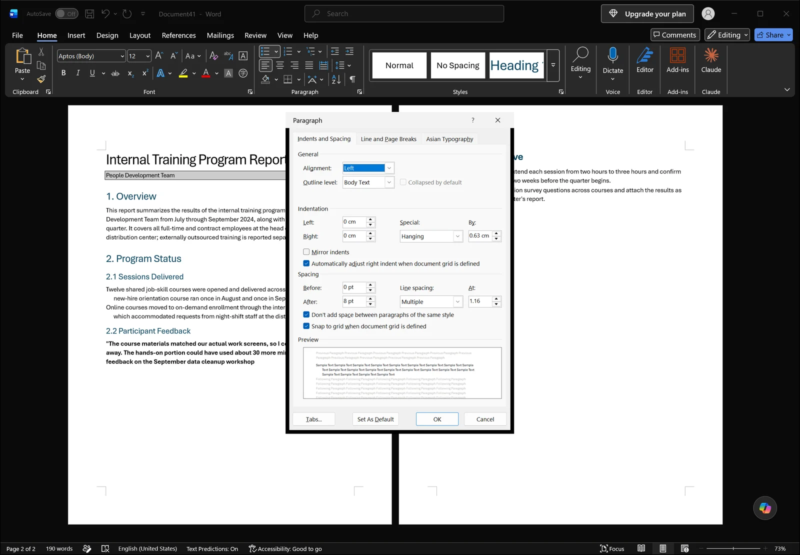 Word Paragraph dialog open showing alignment, outline level, spacing before and after, and line spacing settings with a preview
