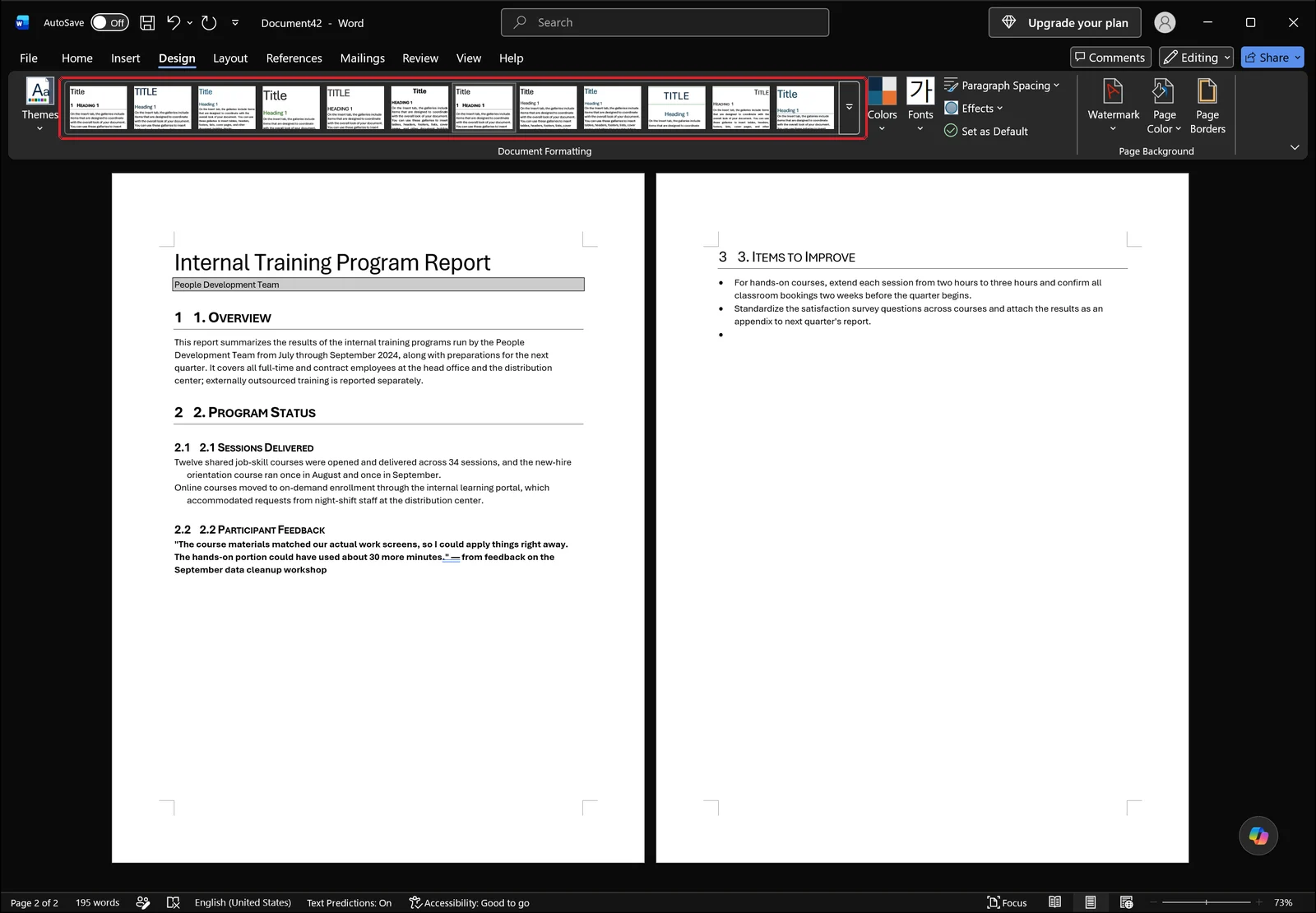 Word Design tab with the style set gallery shown as a single row of style set thumbnails in the Document Formatting group, red box on the row of thumbnails