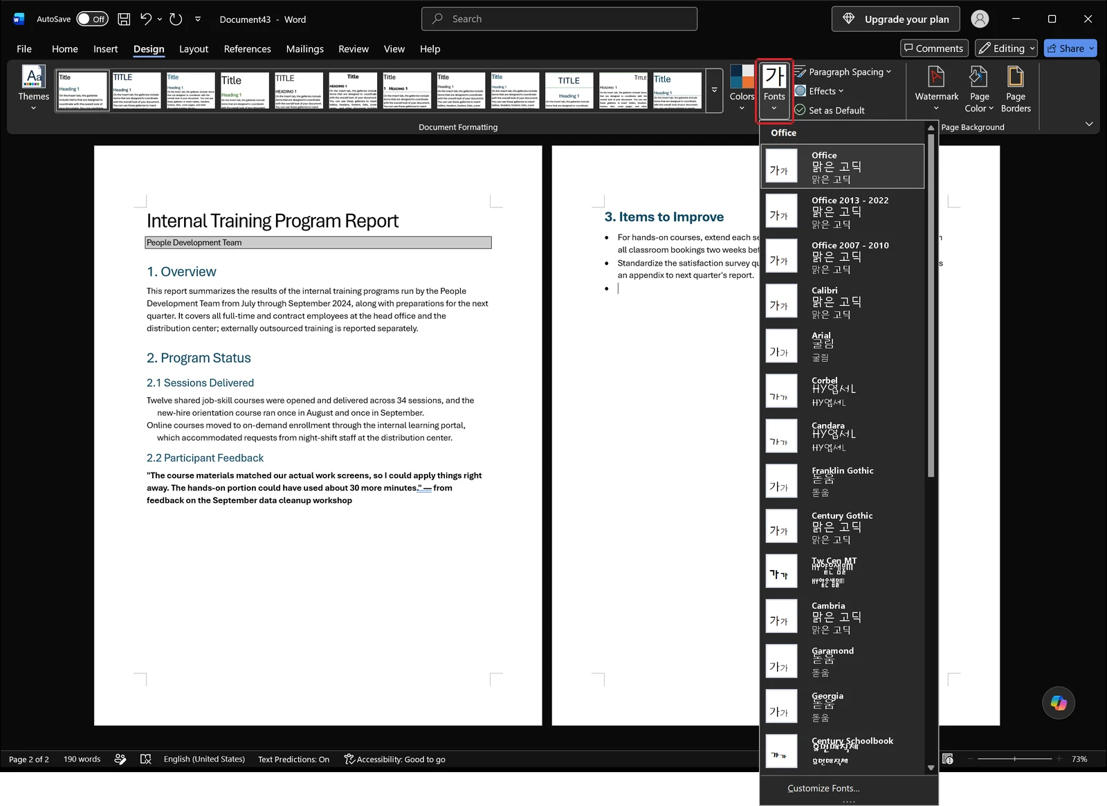 Word Design tab with the theme Fonts dropdown open listing heading and body font pairs, red box on the Fonts button