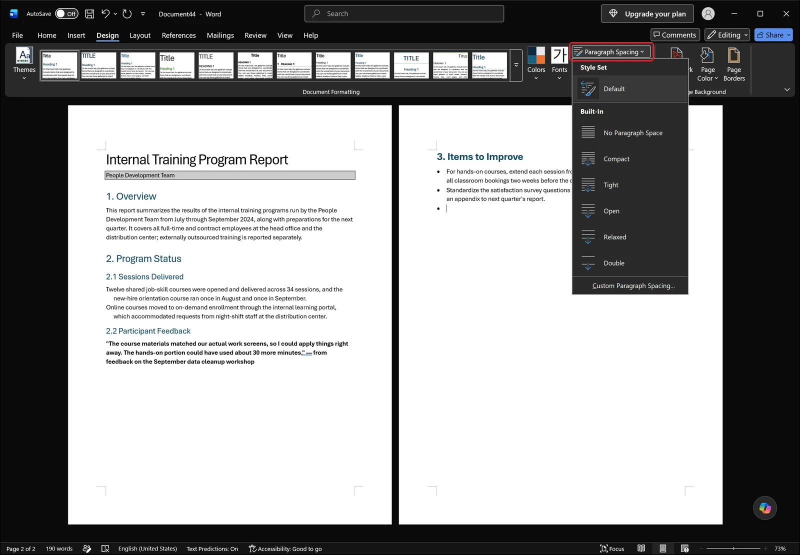 Word Design tab with the Paragraph Spacing dropdown open listing spacing presets, red box on the Paragraph Spacing button