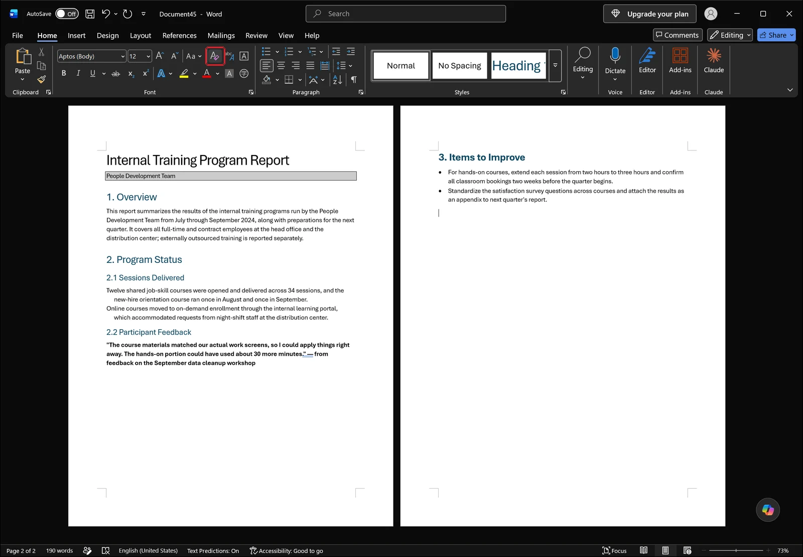 Word window after clicking Clear All Formatting so the heading at the cursor became plain body text, red box on the Clear All Formatting button