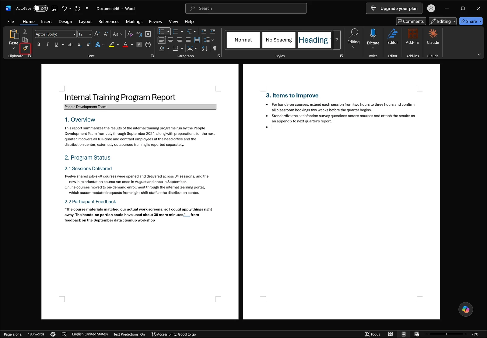Word Home tab with a red box on the Format Painter button in the Clipboard group, styled report visible below