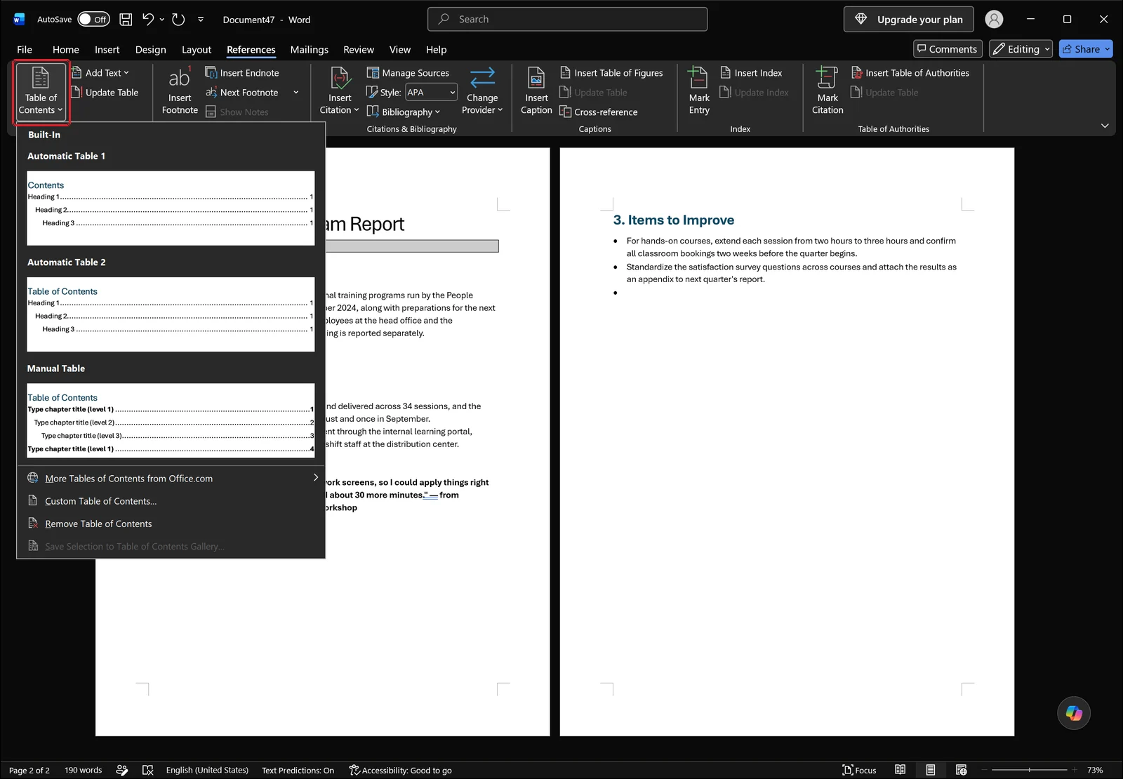Word References tab with the Table of Contents gallery open showing automatic table thumbnails, red box on the Table of Contents button