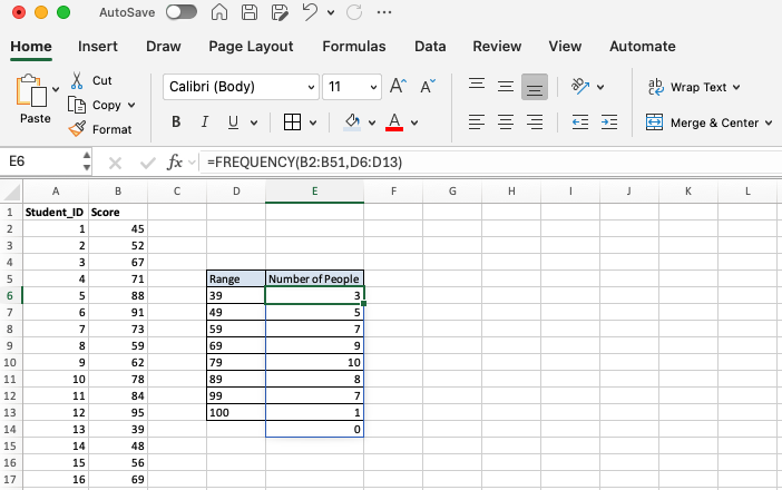 FREQUENCY results spilled next to bin boundaries from 39 to 100, with a final cell counting values above 100