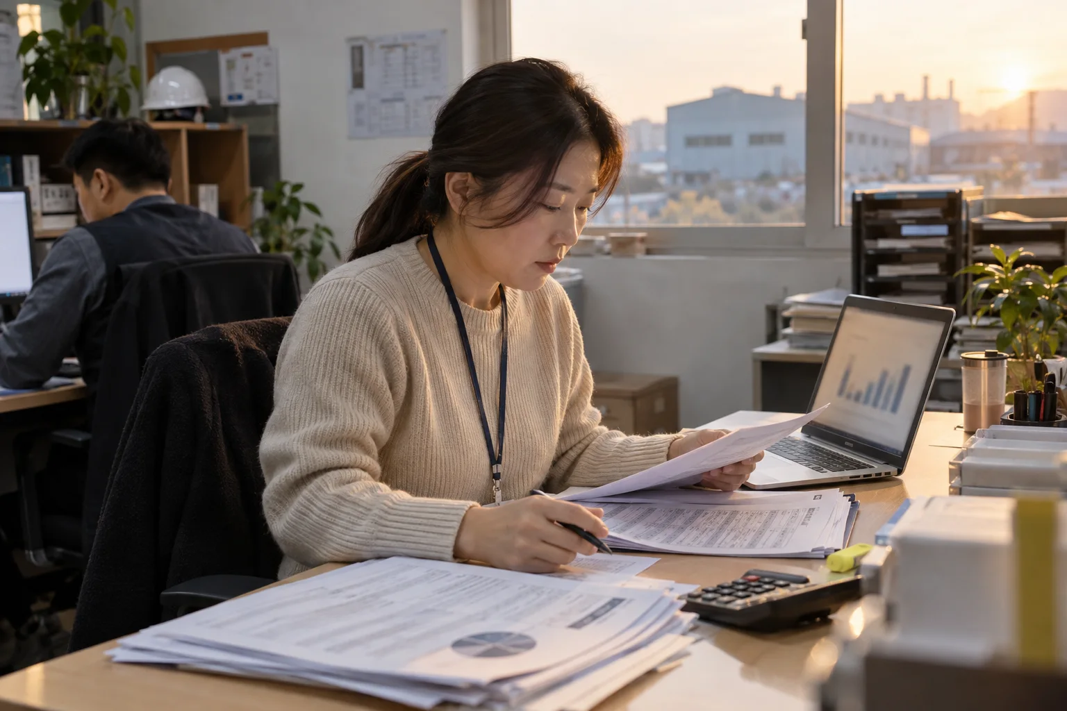 소규모 제조 회사 사무실에서 재무 담당자가 인쇄한 결산 재무제표를 넘기며 노트북의 막대그래프 장표와 숫자를 대조하는 모습