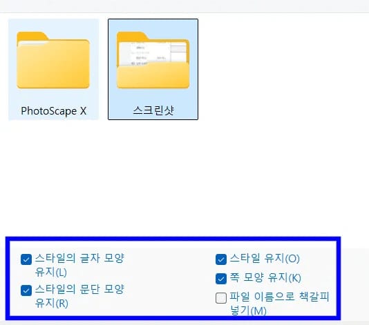 한글 문서 끼워 넣기 대화 상자 아래쪽에서 스타일의 글자 모양 유지, 스타일의 문단 모양 유지, 스타일 유지, 쪽 모양 유지가 체크되고 파일 이름으로 책갈피 넣기는 비어 있는 옵션 영역