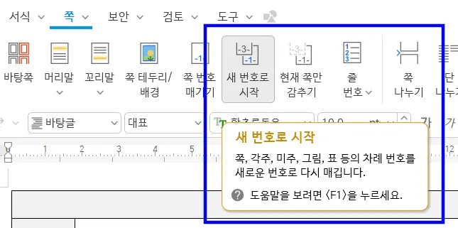 한글 쪽 탭에서 새 번호로 시작 아이콘에 마우스를 올려 쪽, 각주, 미주, 그림, 표 등의 차례 번호를 새로 시작한다는 설명 상자가 뜬 화면