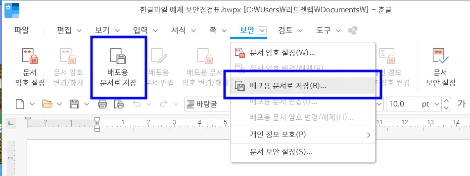 한글 보안 탭에서 배포용 문서로 저장 아이콘과 펼친 메뉴의 배포용 문서로 저장 항목이 각각 파란 상자로 강조된 화면