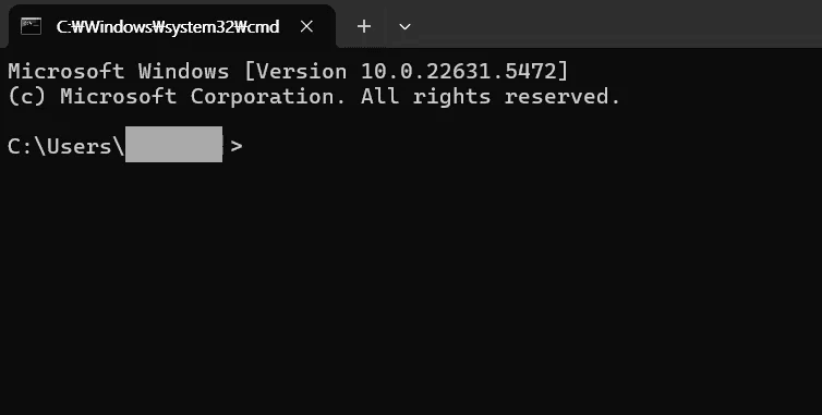 Windows 명령 프롬프트 창이 열려 Microsoft Windows 버전 정보와 사용자 폴더 경로의 입력 대기 줄이 보이는 화면