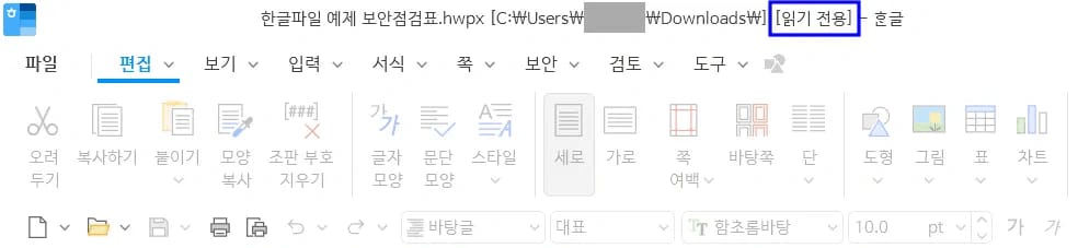 한글 문서 읽기전용 해제 필요 화면 한글 보고서