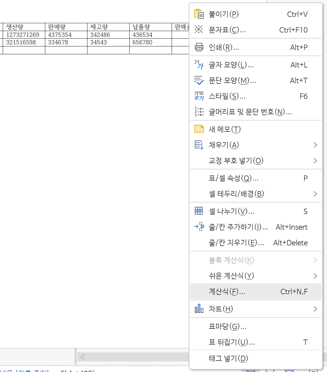 표 셀에서 연 빠른 메뉴 아래쪽에 계산식 항목과 Ctrl+N,F 단축키가 보이는 상태