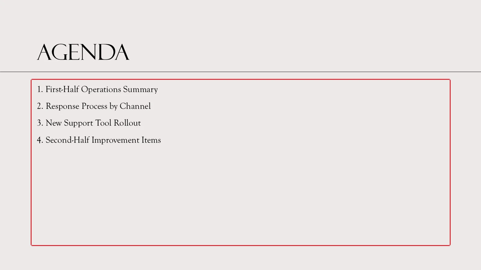 Rendered PowerPoint agenda slide with four listed topics and a red box around the body text placeholder