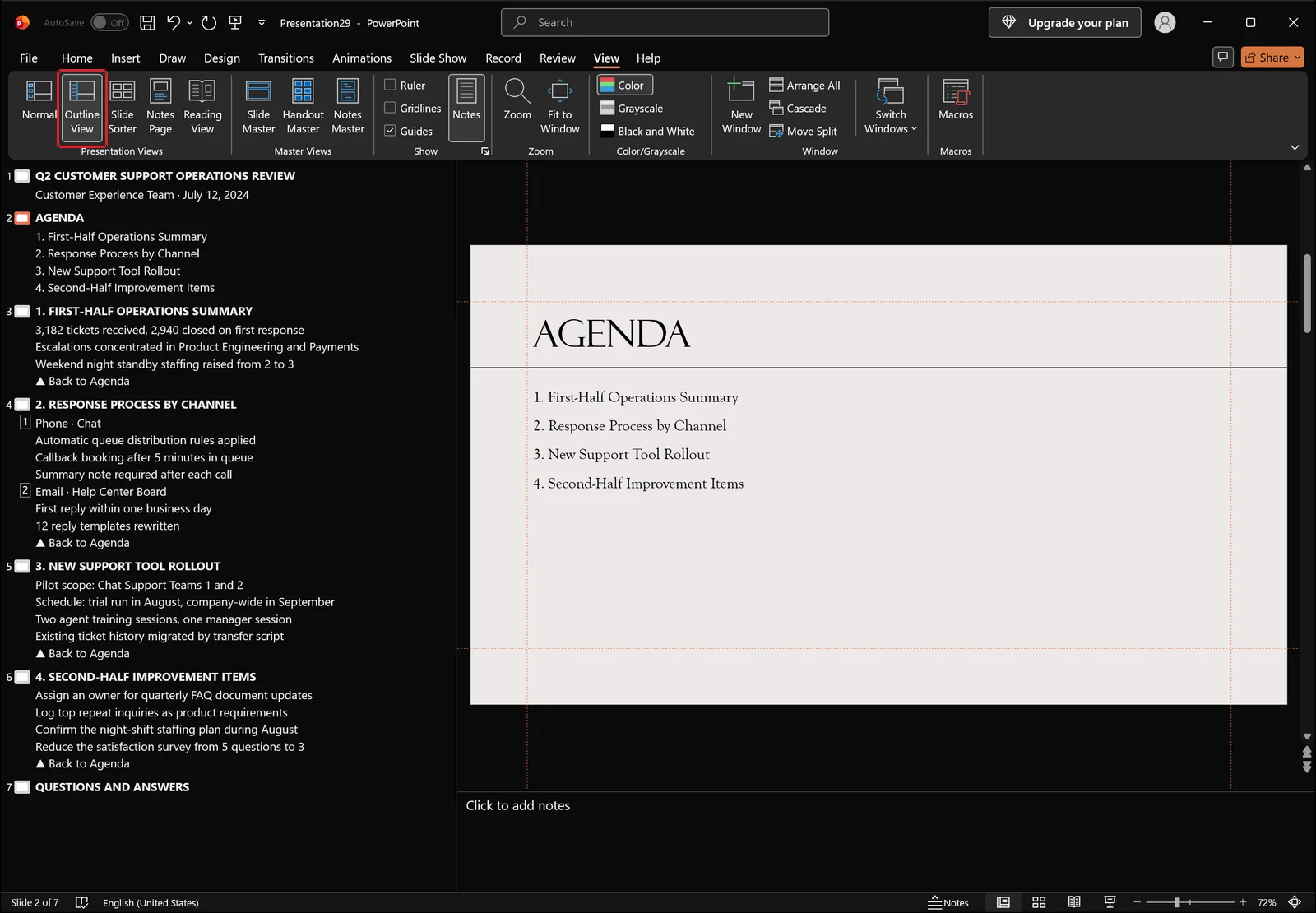 PowerPoint in Outline view listing slide titles in the left pane with a red box on the Outline View button