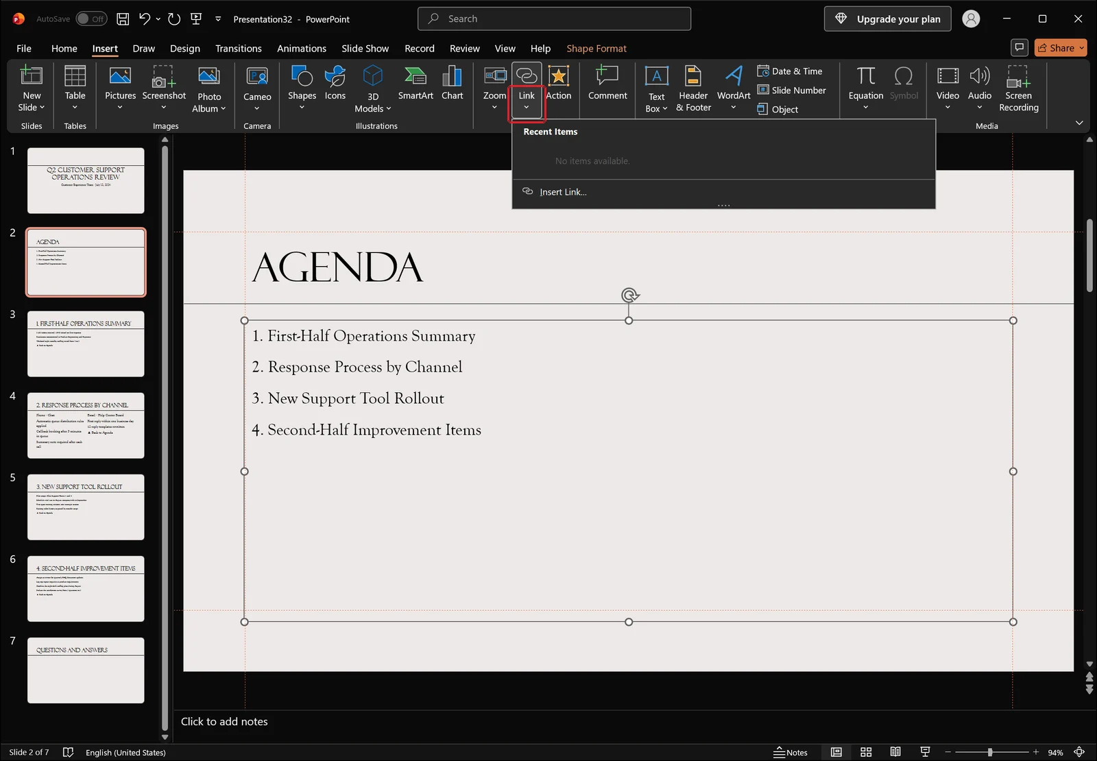PowerPoint with a placeholder selected and the Insert tab Link dropdown expanded, red box on the Link control